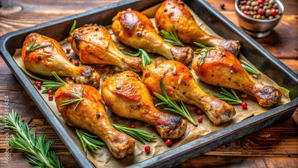 Juicy baked chicken drumsticks on a baking sheet Juicy baked chicken drumsticks on a baking sheet