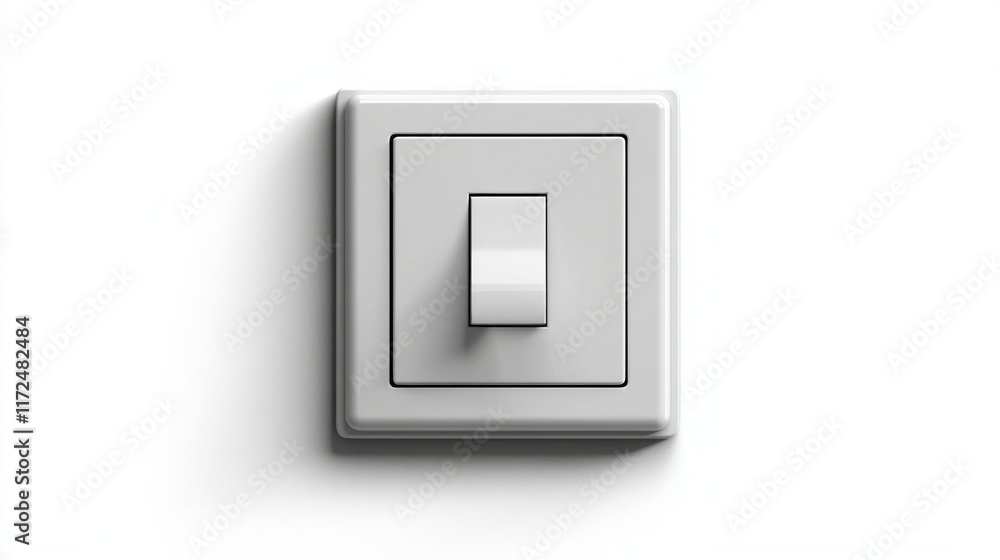 A plain, square light switch in the 'on' position, centered on a white background with light shadows for subtle depth. A plain, square light switch in the 'on' position, centered on a white background with light shadows for subtle depth.