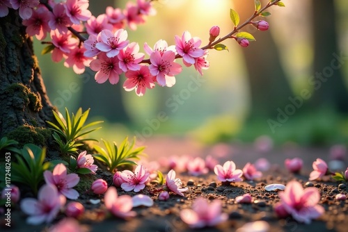 Soft pink blossoms of Prunus avium Plena scattered on the forest floor, blossoms, tree blossoms, blossom photo