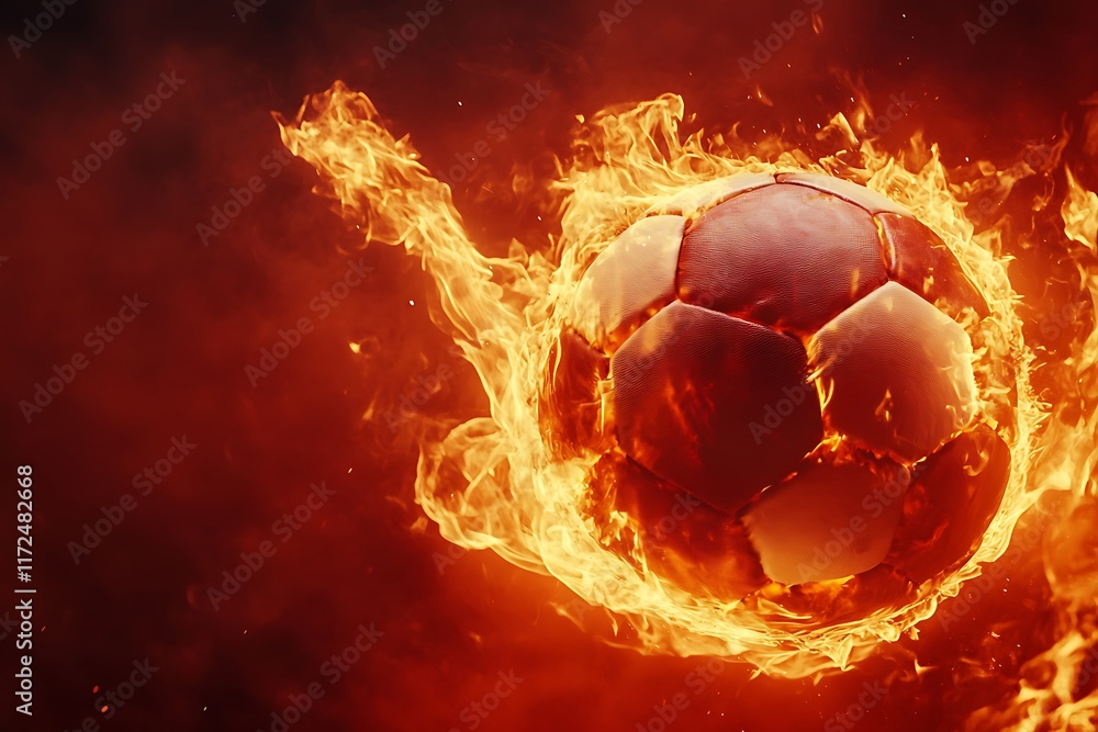 Fototapeta premium Fiery soccer ball with embers, symbolizing the heat of the