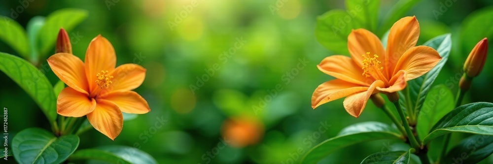 Naklejka premium lush green foliage and orange jasmine flowers in a garden, serene, aromatic, garden