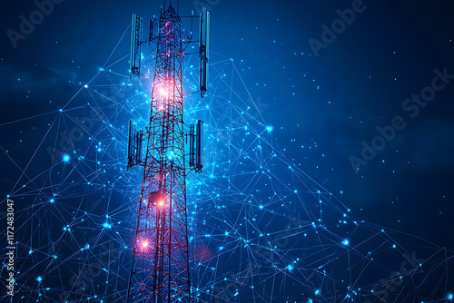 telecommunication base station receiver, featuring a tall tower with multiple antennas, dishes, and signal transmitters. The design highlights modern telecommunication technology