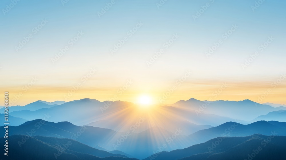 Serene Sunrise Over Majestic Mountains with Soft Blue Skies and Gentle Rays of Light Illuminating the Landscape in a Tranquil Nature Scene Serene Sunrise Over Majestic Mountains with Soft Blue Skies and Gentle Rays of Light Illuminating the Landscape in a Tranquil Nature Scene