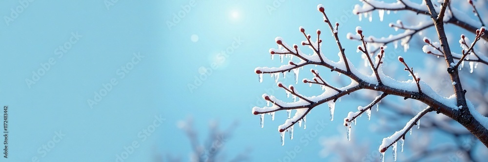 Icy branches of a bare Christmas tree against the pale blue sky, winter, tree Icy branches of a bare Christmas tree against the pale blue sky, winter, tree