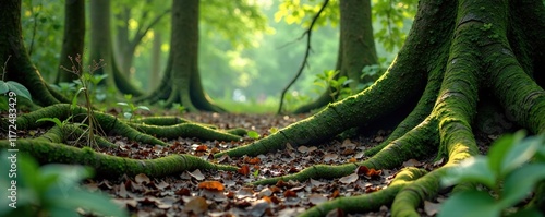 Gnarled tree roots spread across the forest floor, overgrown, twisted photo