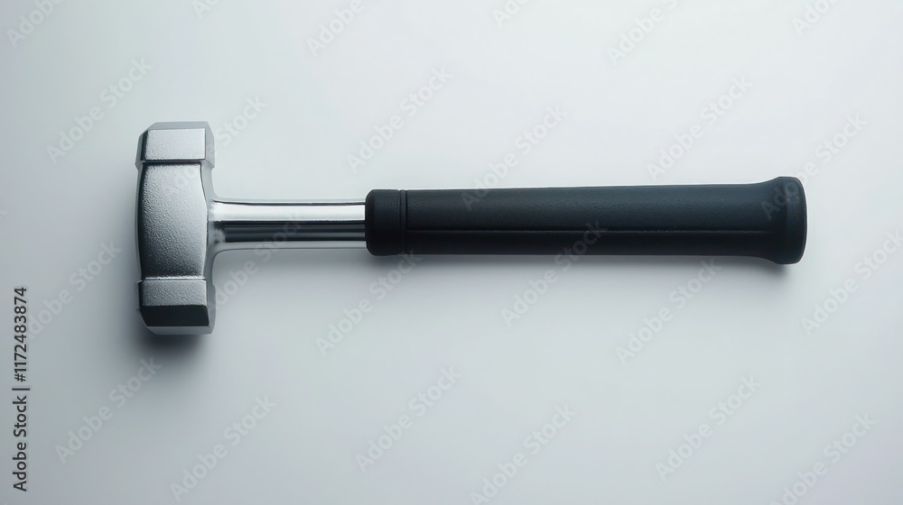 A sleek, modern black rubber-handled hammer with a metallic head, positioned on a plain white background. A sleek, modern black rubber-handled hammer with a metallic head, positioned on a plain white background.