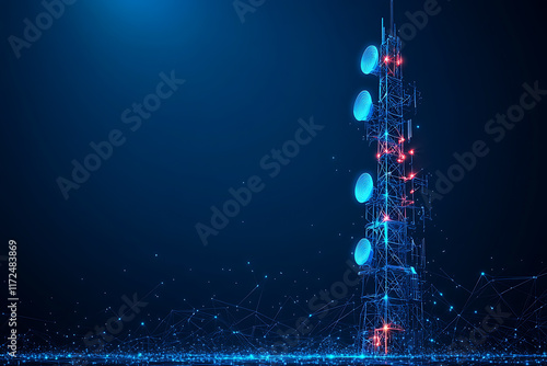telecommunication base station receiver, featuring a tall tower with multiple antennas, dishes, and signal transmitters. The design highlights modern telecommunication technology