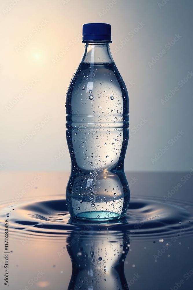 Single raindrop landing on the surface of bottled water, reflection, serene, liquid Single raindrop landing on the surface of bottled water, reflection, serene, liquid