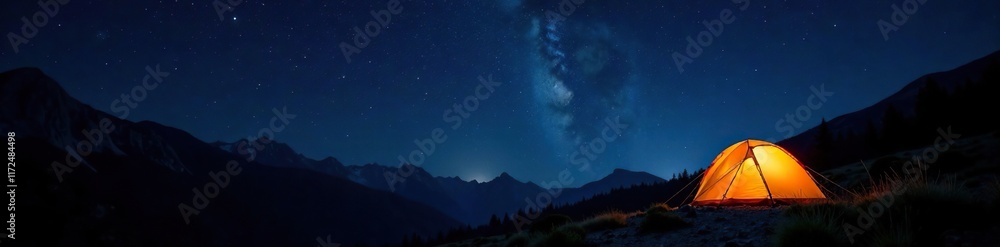 Fototapeta premium Tent under starry night sky with twinkling stars and moonlight, peaceful atmosphere, stars, wilderness, camping
