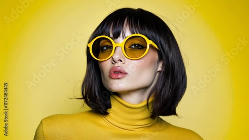 Wallpaper Mural Stylish model in vibrant yellow attire and sunglasses posing against a bright background Torontodigital.ca