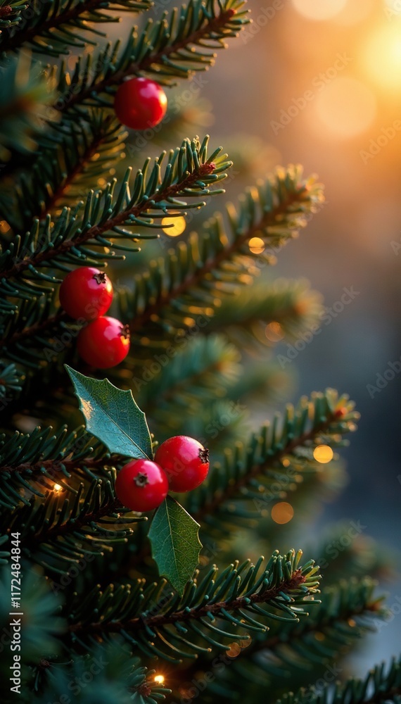 Fir tree against a warm orange light with red berries and holly leaves, nature, decoration, winter Fir tree against a warm orange light with red berries and holly leaves, nature, decoration, winter