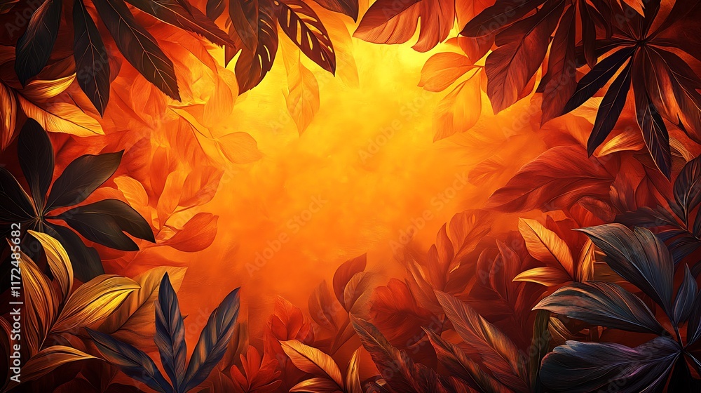 Fototapeta premium A dynamic border of overlapping tropical leaves, glowing softly with sunset tones of orange and yellow, intricate details highlighted by warm light, central area left open for text, lush and inviting,
