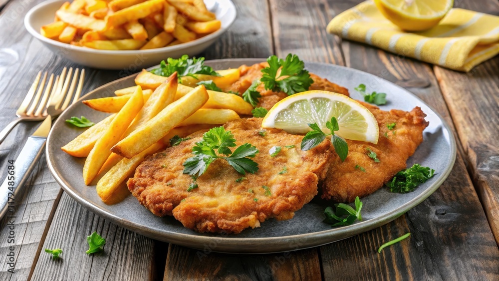 Crispy golden brown homemade chicken schnitzel on a plate with lemon wedges and fries, comfort food Crispy golden brown homemade chicken schnitzel on a plate with lemon wedges and fries, comfort food