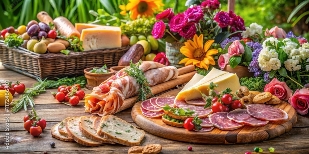 Fototapeta premium A colorful arrangement of various cured meats