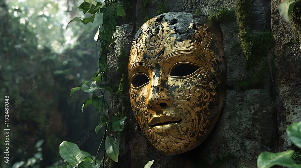 A golden mask placed on a weathered stone altar in a jungle A golden mask placed on a weathered stone altar in a jungle