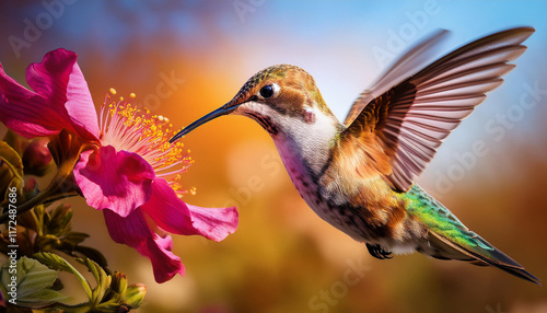 A vibrant hummingbird in flight, hovering near a bright pink flower.
