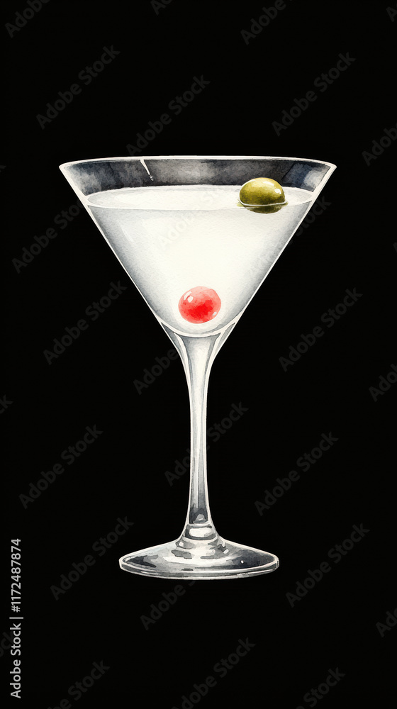 clean watercolor painting of martini glass with olives