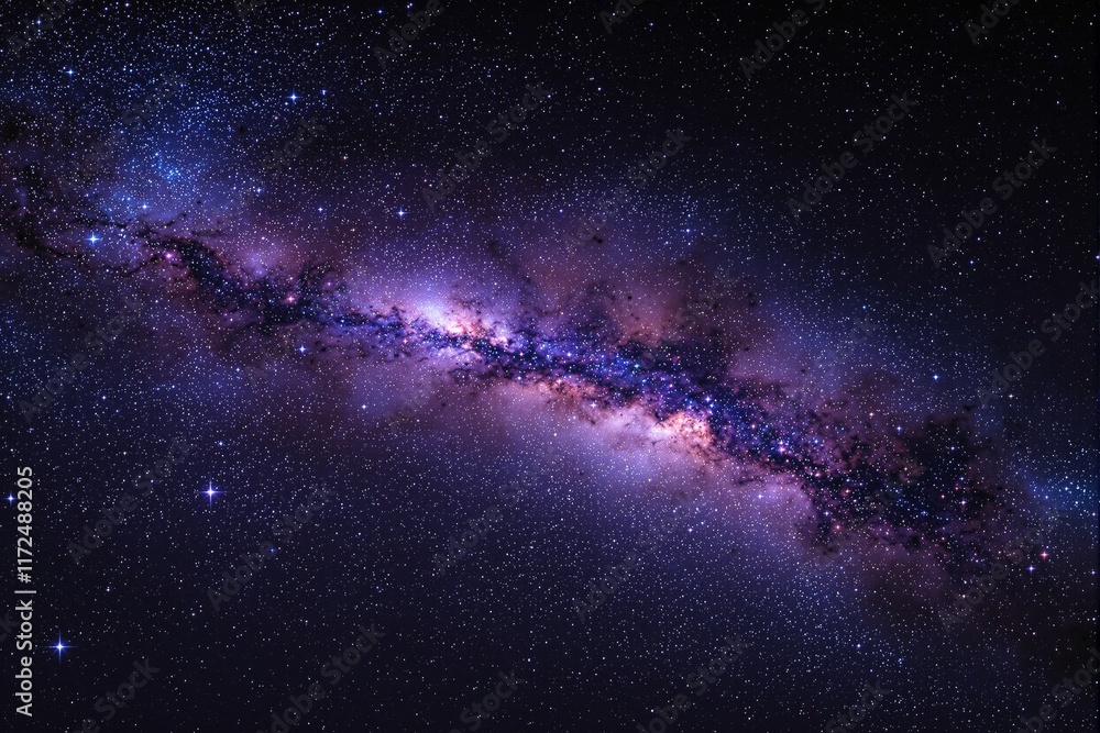 Fototapeta premium Milky Way galaxy with vibrant purple and pink tones, surrounded by countless stars in a cosmic night sky. Concept of space and astronomy. Ai generative
