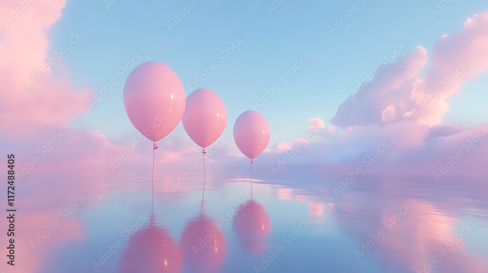 Fototapeta premium Three Pink Balloons Float Calmly Above Serene Waters