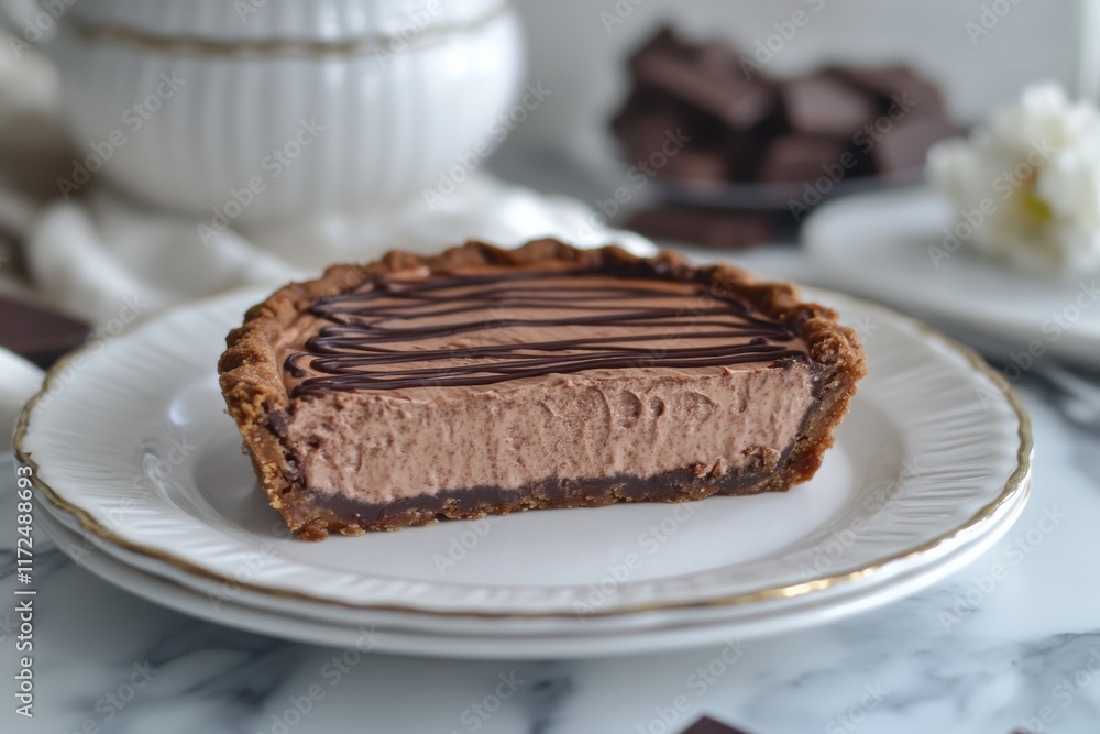 Slice of Chocolate Mousse Tart on White Plate Slice of Chocolate Mousse Tart on White Plate