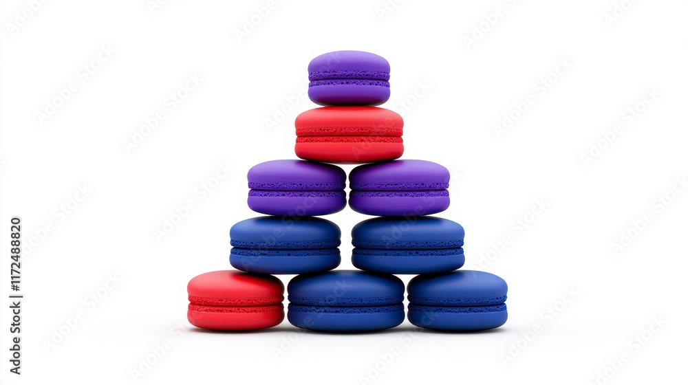 A colorful pyramid of playful macarons stacked artfully with shades of blue and red against a minimalist white backdrop A colorful pyramid of playful macarons stacked artfully with shades of blue and red against a minimalist white backdrop