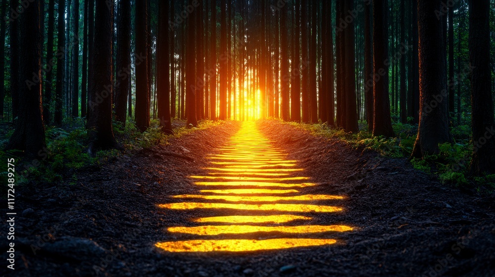 Fototapeta premium Golden sunlight illuminating a serene forest pathway, inviting exploration and connection with nature.