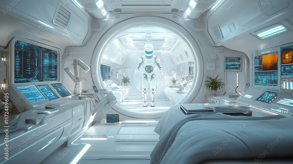 Futuristic Space Habitat with Advanced AI Robot in a Modern Sci-Fi Interior Futuristic Space Habitat with Advanced AI Robot in a Modern Sci-Fi Interior