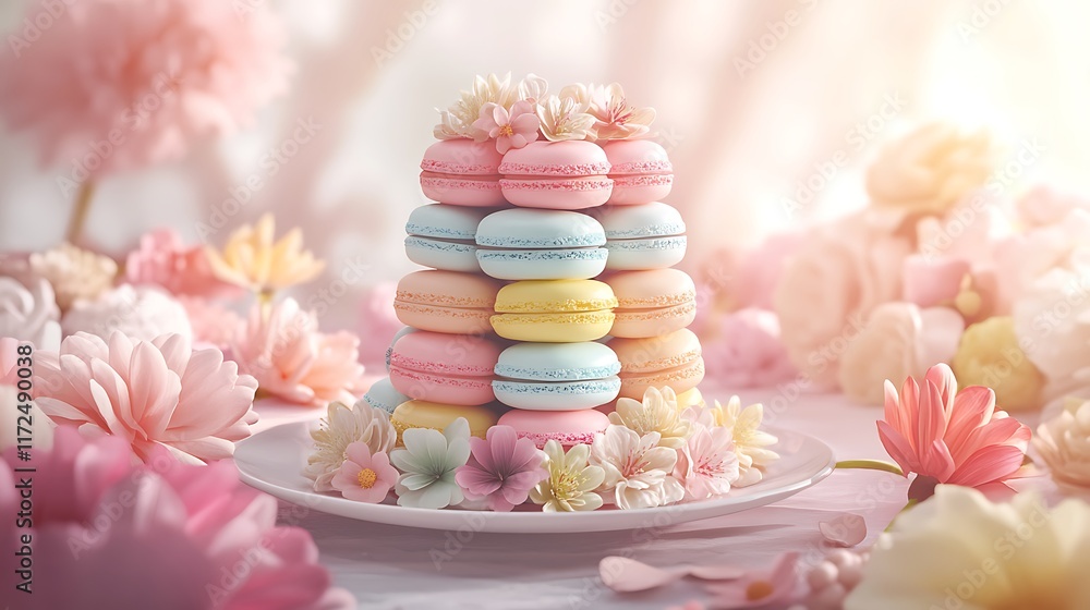 Pastel Macarons Tower Adorned With Delicate Flowers Pastel Macarons Tower Adorned With Delicate Flowers