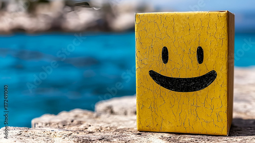 A bright yellow box with a smiling face sits on a stone ledge against a vibrant blue background, evoking feelings of joy and positivity. photo