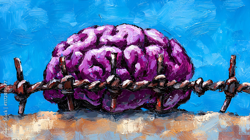 Obraz premium A vibrant, surreal depiction of a purple brain resting on a sandy surface, enclosed by rusty barbed wire against a bright blue sky.