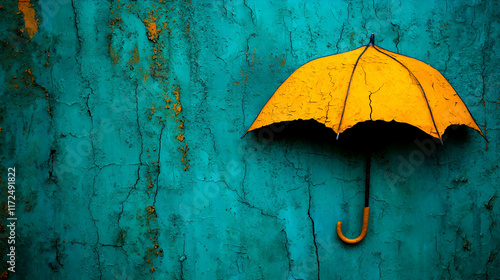 A vibrant yellow umbrella hangs against a textured teal wall, creating a striking contrast and an artistic visual appeal.