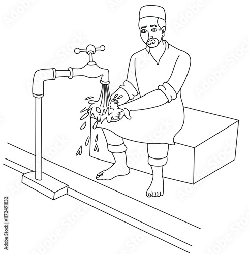 Cute cartoon hand drawn vector Man washes his hands in running water, outline.