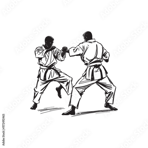 A print of two black silhouettes depicting karate fighters executing,Vector IllustrationKarate 