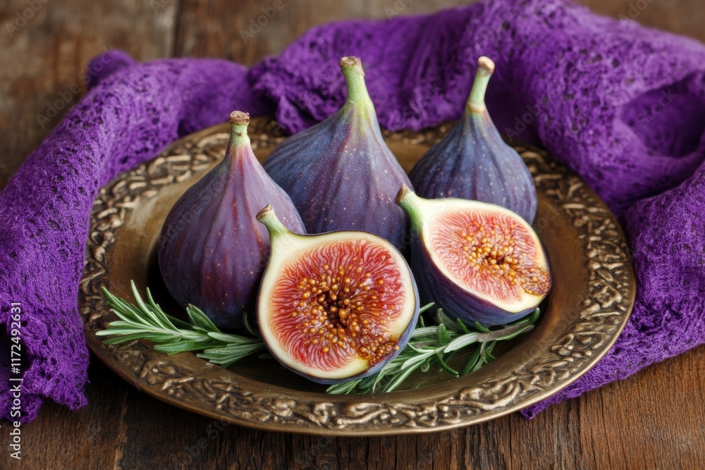 Fresh Figs with Rosemary on Antique Brass Plate