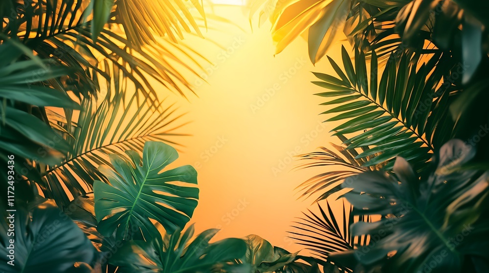 A radiant sunset-inspired border featuring palm and monstera leaves, soft green tones transitioning to warm orange edges, subtle shadows and a bright middle space left for text, tropical and serene, A radiant sunset-inspired border featuring palm and monstera leaves, soft green tones transitioning to warm orange edges, subtle shadows and a bright middle space left for text, tropical and serene,