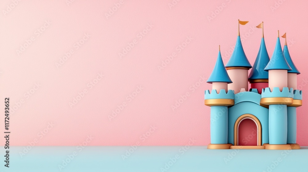 Fototapeta premium Colorful Playful Castle with Blue Towers and Pink Background