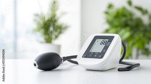 Digital Blood Pressure Monitor on a Clean White Surface with a Green Background, Ideal for Health and Medical Use in Lifestyle or Wellness Settings