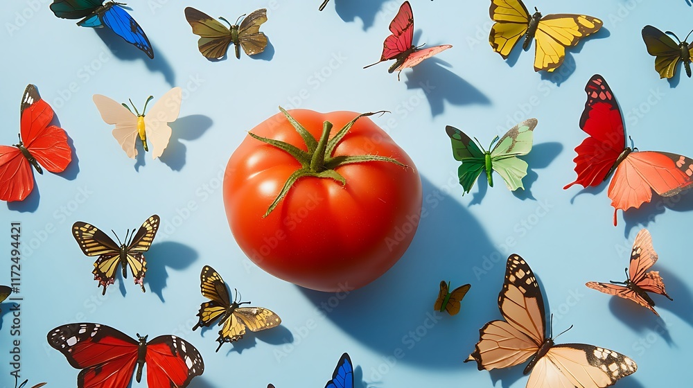 A plump tomato surrounded by toy butterflies A plump tomato surrounded by toy butterflies