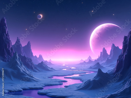 Alien planet landscape background with mountains, rocks, deep crevices and shining stars in space. Cartoon effect Theme illustration. Ai Generative photo