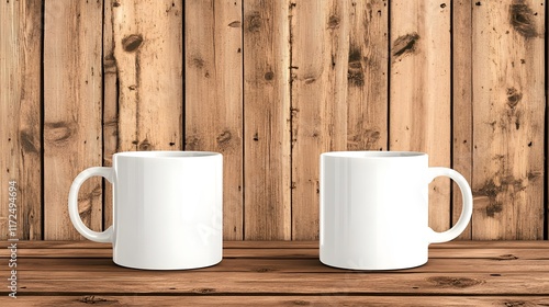 Pair of Blank White Coffee Mugs on Rustic Wooden Table with Warm Tones and Textured Background for Personalized Drink Branding and Marketing Purposes photo