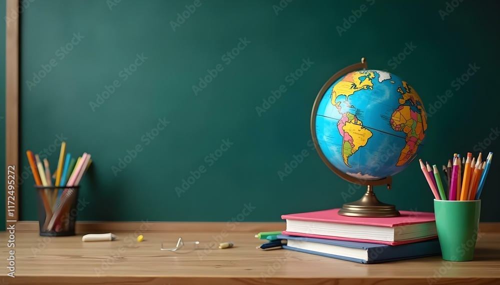 Back to School Concept. Earth Globe, Books, Notebooks, Colorful Stationery. Education and School Supplies. Blackboard Chalkboard Background Back to School Concept. Earth Globe, Books, Notebooks, Colorful Stationery. Education and School Supplies. Blackboard Chalkboard Background