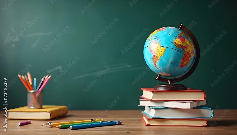Back to School Concept. Earth Globe, Books, Notebooks, Colorful Stationery. Education and School Supplies. Blackboard Chalkboard Background Back to School Concept. Earth Globe, Books, Notebooks, Colorful Stationery. Education and School Supplies. Blackboard Chalkboard Background