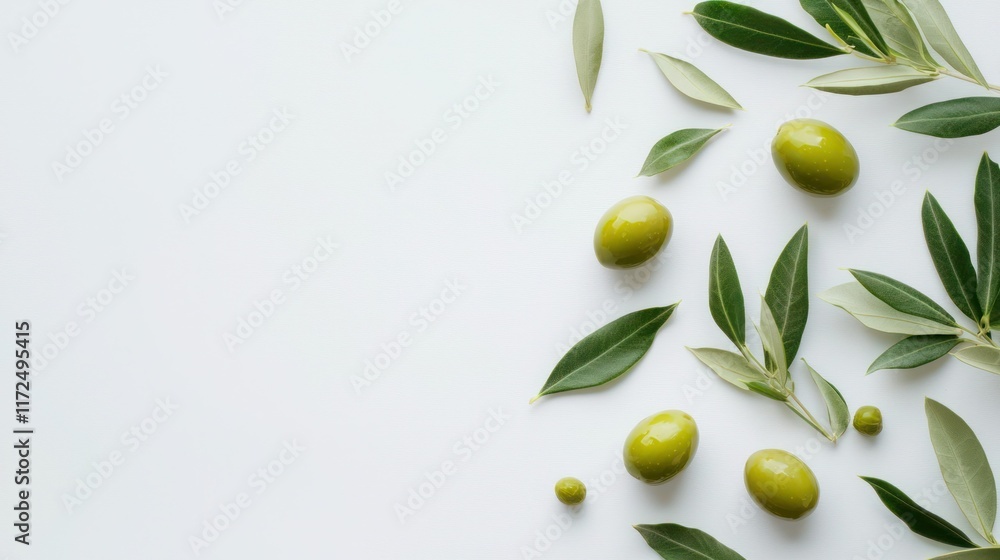 Green olives with leaves on white background Green olives with leaves on white background