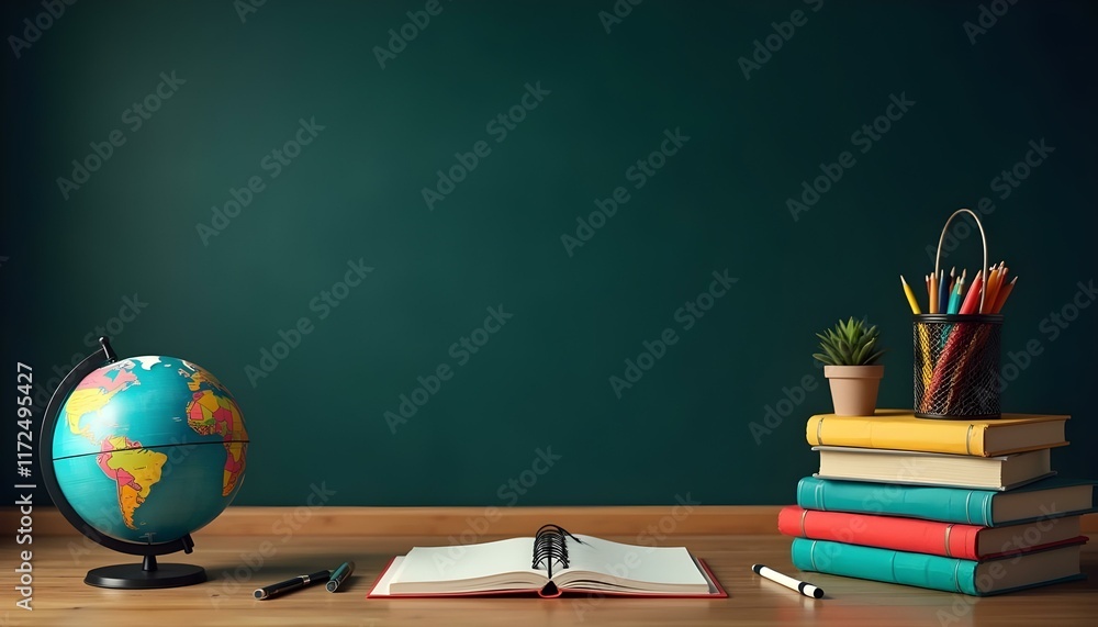 Back to School Concept. Earth Globe, Books, Notebooks, Colorful Stationery. Education and School Supplies. Blackboard Chalkboard Background Back to School Concept. Earth Globe, Books, Notebooks, Colorful Stationery. Education and School Supplies. Blackboard Chalkboard Background