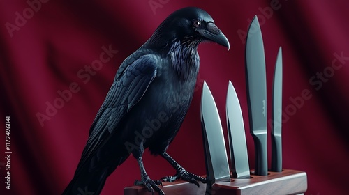 A set of modern kitchen knives with a raven sitting on the block on a burgundy background photo