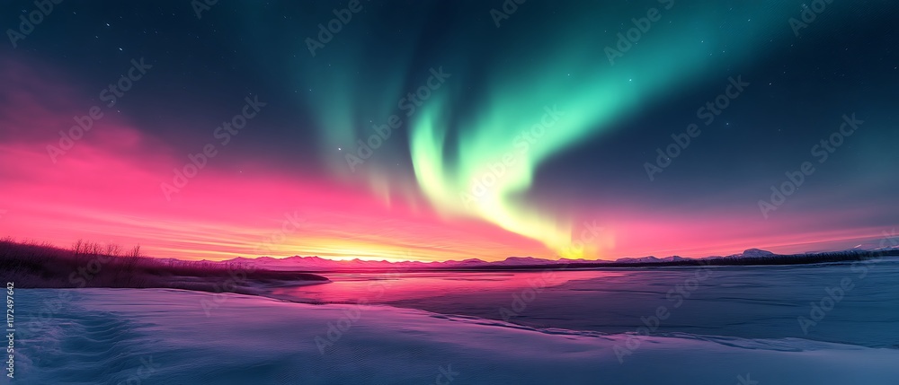 Fototapeta premium Vivid aurora borealis over frozen lake at sunset.
