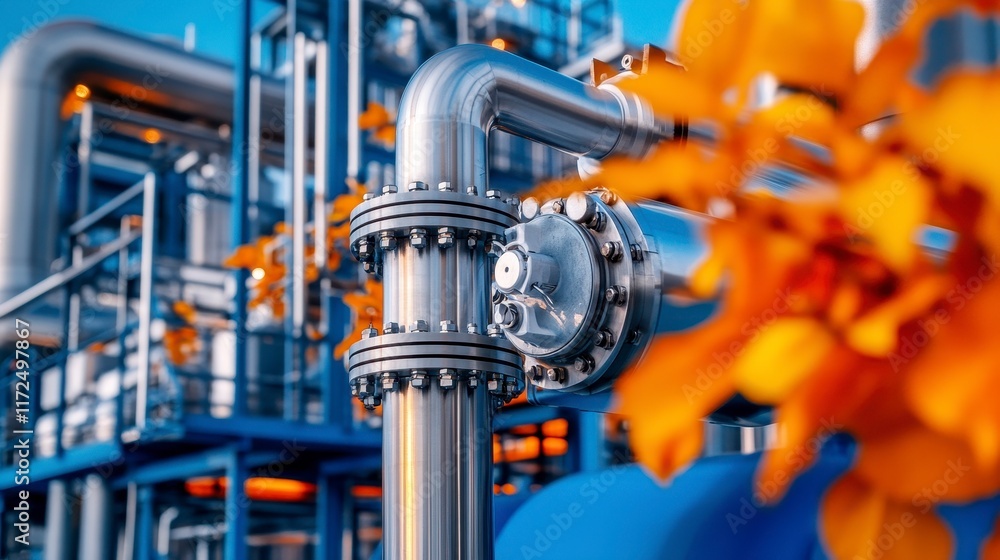 Industrial piping system showcasing advanced technology with vibrant orange flowers blooming in close proximity Industrial piping system showcasing advanced technology with vibrant orange flowers blooming in close proximity