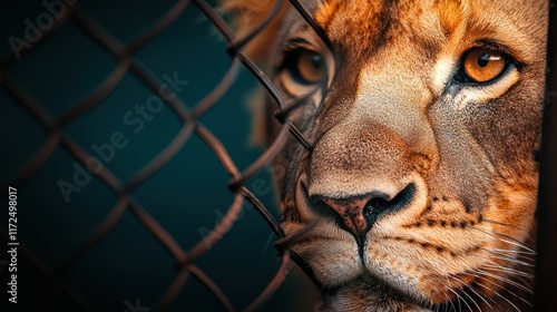 A male lion pacing restlessly in its enclosure at a zoo, its powerful body confined within the limited space, raising questions about animal welfare and the ethics of captivity. photo