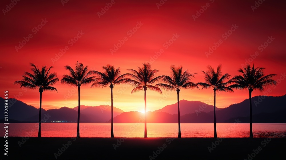 Obraz premium A row of palm trees silhouetted against a fiery red sunrise over the ocean, their fronds swaying gently in the breeze.