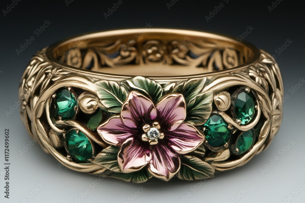 Gold Floral Ring with Emeralds and Diamond Gold Floral Ring with Emeralds and Diamond
